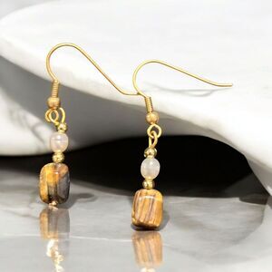Tigers Eye Stone Pearl Dangle Earrings Gold Tone Hooks Beaded Jewelry Drop Style
